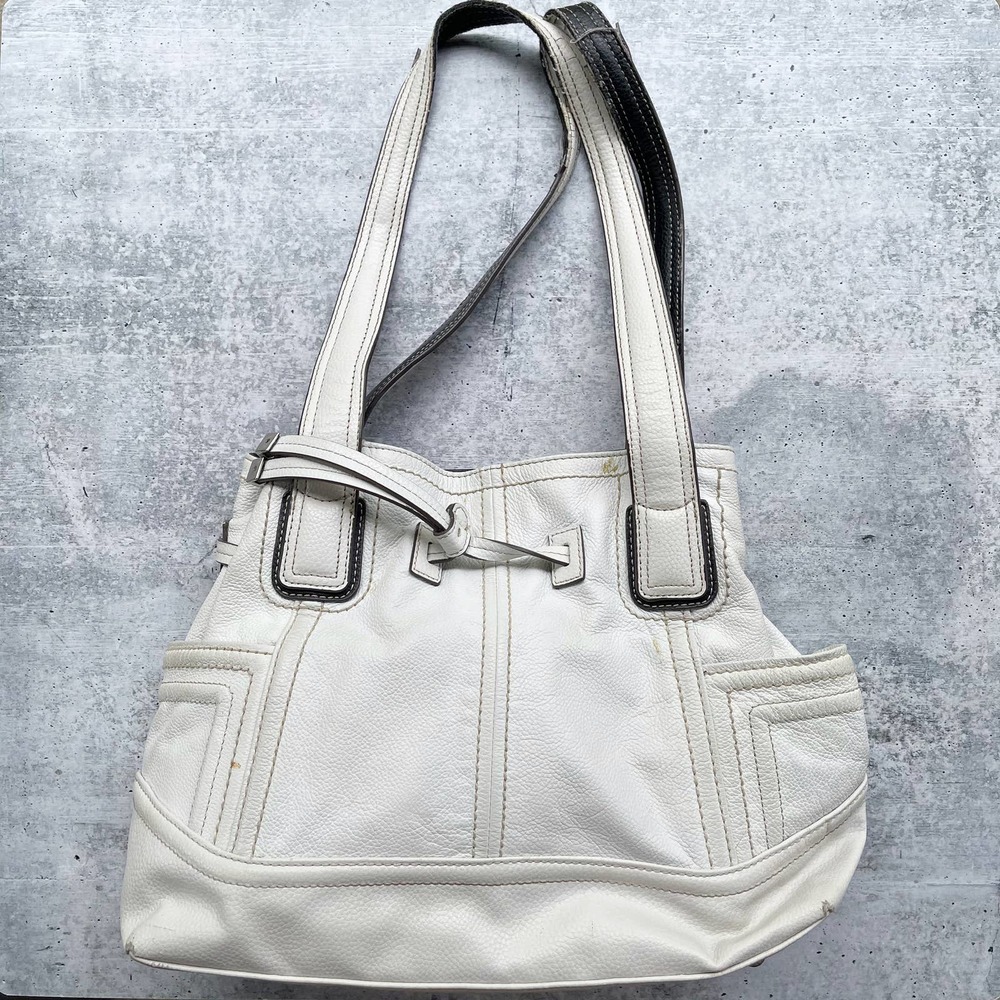 Tignanello White Leather Cinch Tie Shoulder Bag